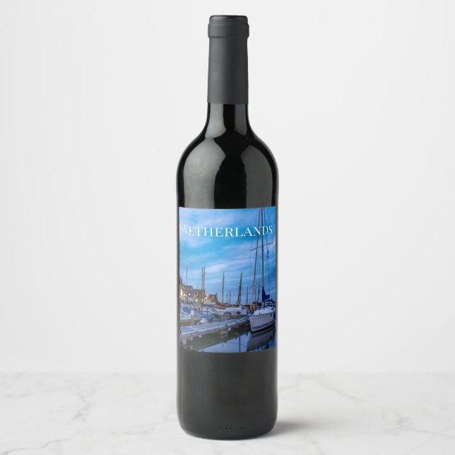 Traditional fishing town night scene wine label (Front)