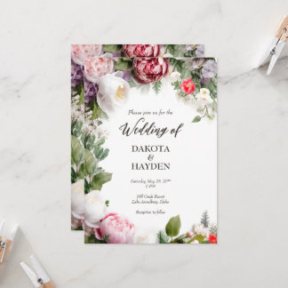 Traditional floral romantic, custom script wedding invitation