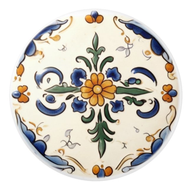 Traditional Flower Mediterranean Blue Cream Floral Ceramic Knob (Front)