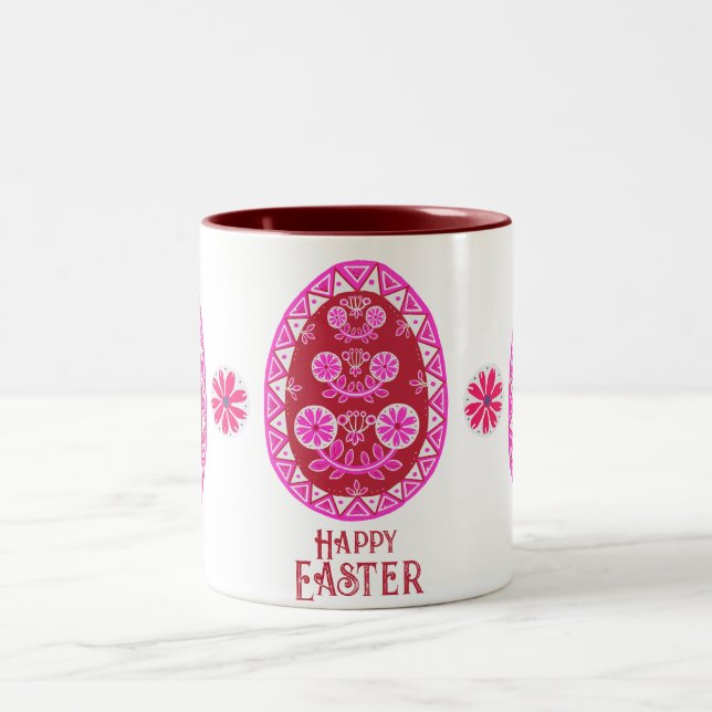 Traditional Folk Pink Pysanka Easter Egg Two-Tone Coffee Mug (Center)