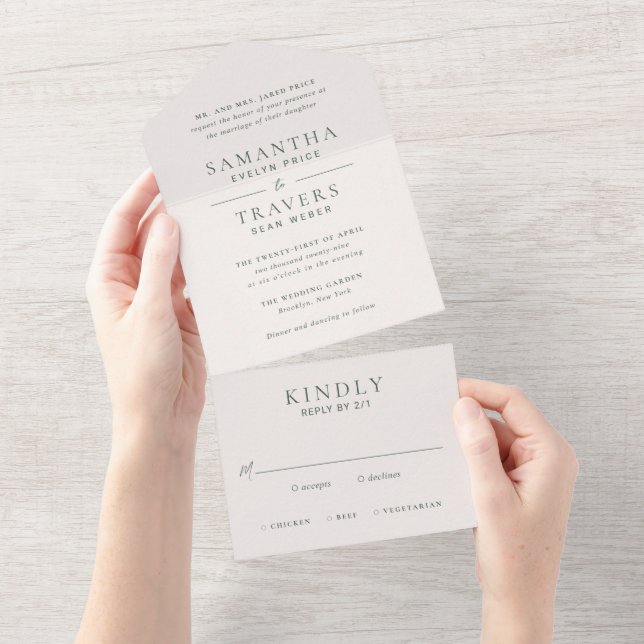 Traditional Forest Green Elegant Wedding All In One Invitation (Tearaway)