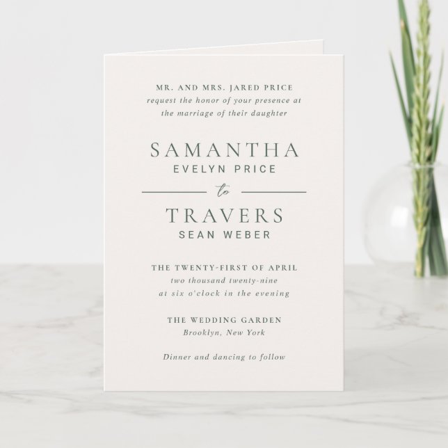 Traditional Forest Green Elegant Wedding Invitation (Front)