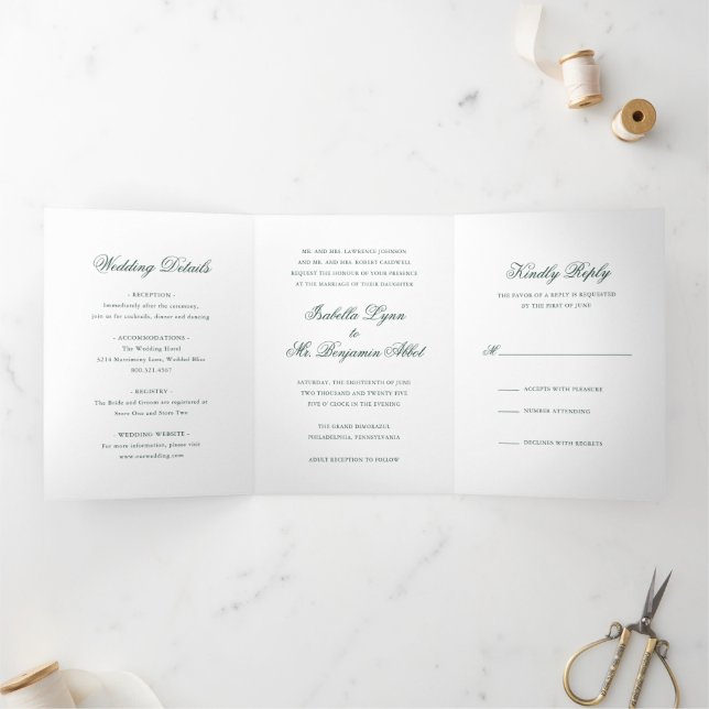 Traditional Forest Green Formal Elegant Wedding Tri-Fold Invitation (Inside)