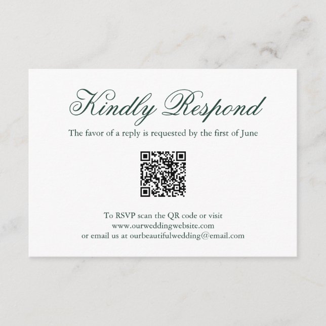 Traditional Forest Green Formal QR Code Wedding RSVP Card (Front)