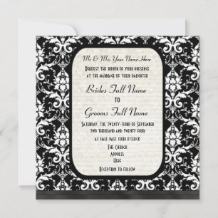 Traditional formal black and white damask wedding invitation