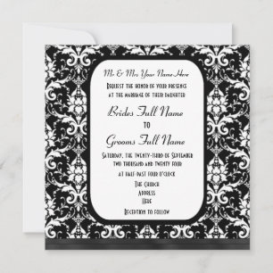 Traditional formal black and white damask wedding invitation