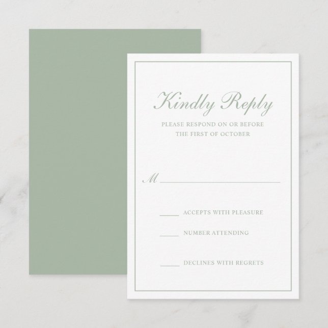 Traditional Formal Elegant Sage Green Wedding RSVP Card (Front/Back)