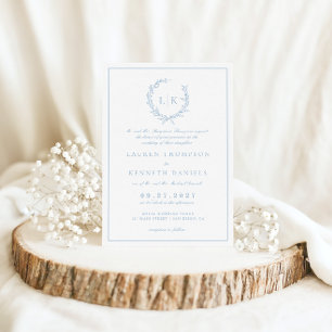 Traditional Formal Leaf Crest Dusty Blue Wedding Invitation