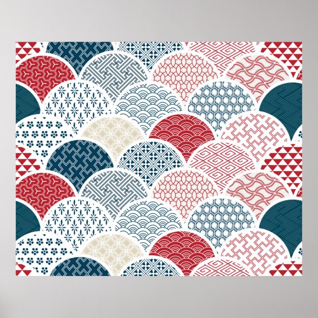 traditional geometric kimono pattern vintage sketc poster (Front)