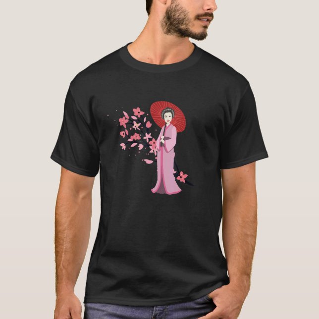 Traditional Girl Umbrella And Japanese Sakura Cher T-Shirt (Front)