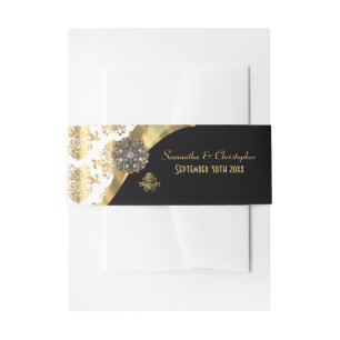 Traditional gold, black and white damask wedding invitation belly band