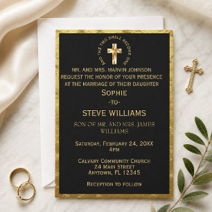 Traditional Gold Christian Cross Black Wedding Invitation