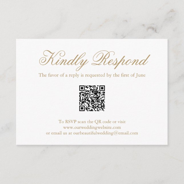 Traditional Gold Formal QR Code Elegant Wedding RSVP Card (Front)