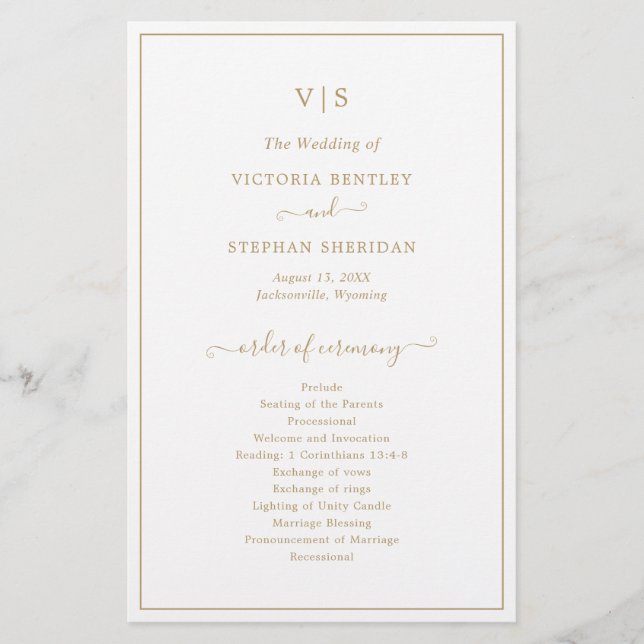 Traditional Gold Monogram Budget Wedding Program (Front)