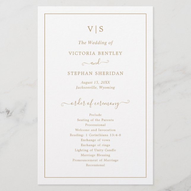 Traditional Gold Monogram Elegant Wedding Program (Front)