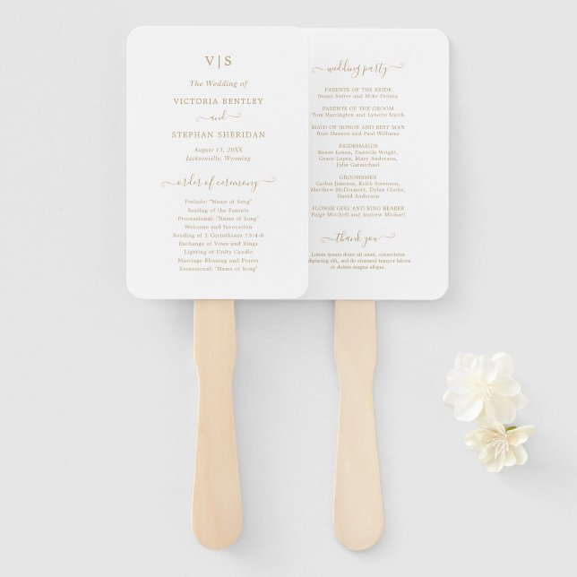 Traditional Gold Monogram Elegant Wedding Program Hand Fan (Front and Back)