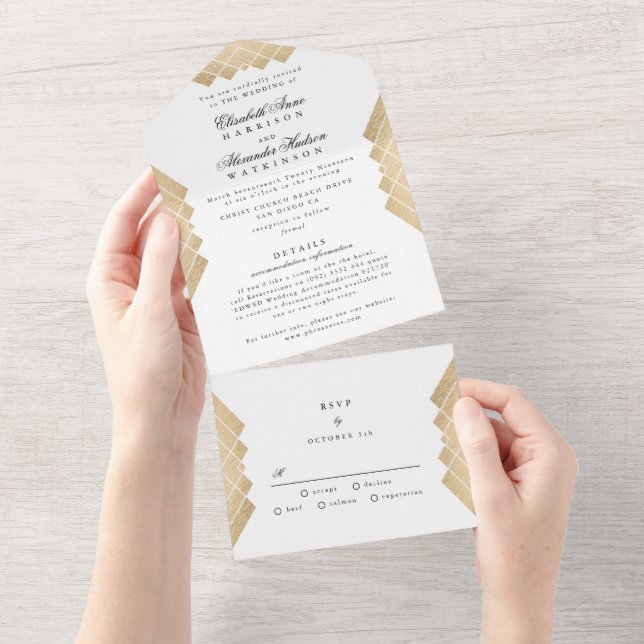 Traditional Gold Pyramid Geometric Gatsby Wedding All In One Invitation (Tearaway)