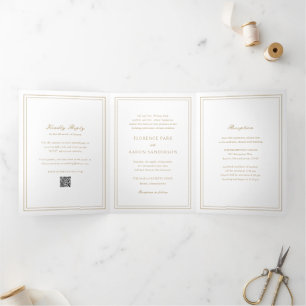 Traditional Gold QR Code Timeless Wedding Tri-Fold Invitation
