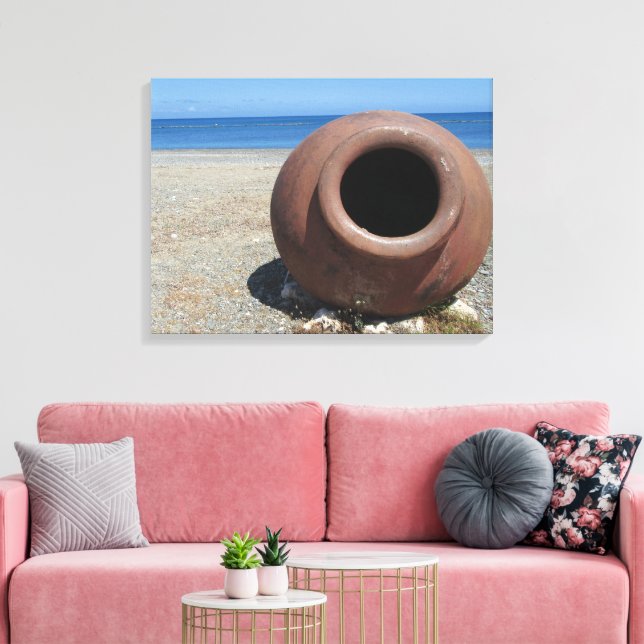 Traditional Greek Terracotta Pot on the Beach Canvas Print (Insitu(LivingRoom))