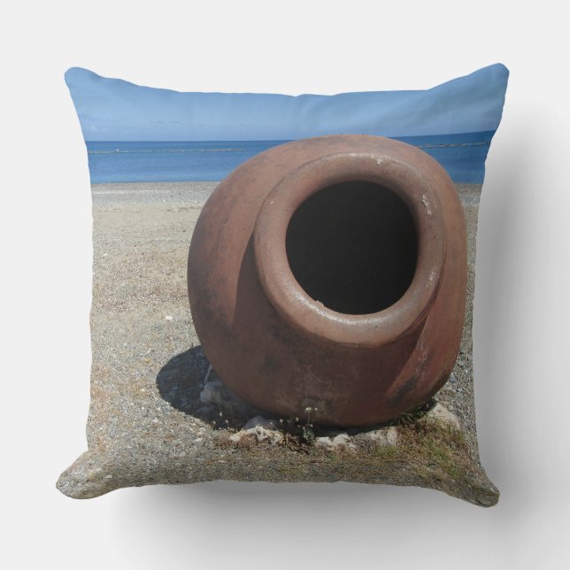 Traditional Greek Terracotta Pot on the Beach Throw Pillow (Front)