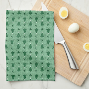 Traditional Green Christmas Trees & Reindeer Kitchen Towel