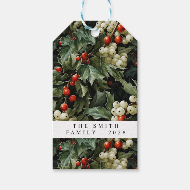 Traditional Green Holly Holiday Gift Tags (Front)