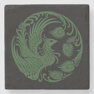 Traditional Green Phoenix Circle on Black Stone Coaster
