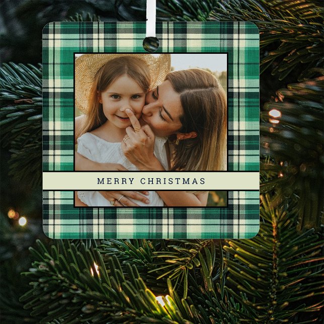 Traditional Green Plaid 2 Photo Christmas Tree Metal Ornament (Creator Uploaded)