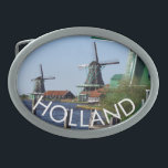 Traditional Green White Dutch Windmills Photo Belt Buckle<br><div class="desc">When you're on holiday or vacation in Holland visit the famous wooden windmills of the Zaanse Schans open air museum. These are real working original windmills of the Golden Age of Holland. The Zaan region derives its name from the river Zaan, a wide and lazy wetland river along which many...</div>