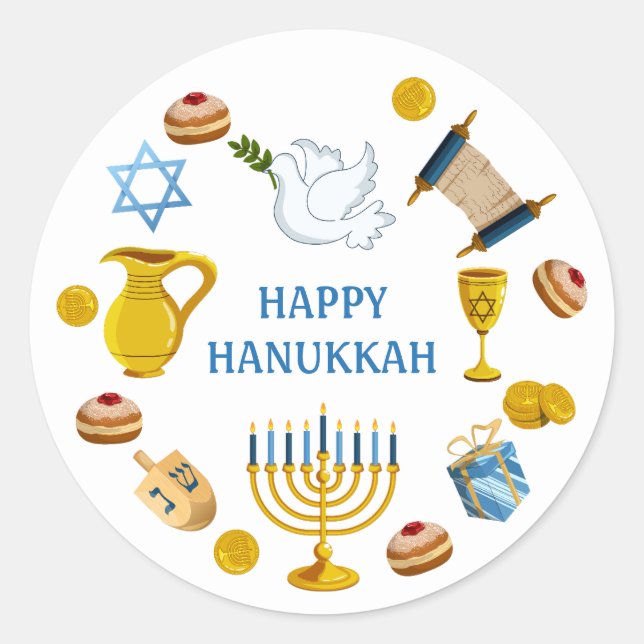 Traditional Hanukkah Elements Dove Star of David Classic Round Sticker (Front)