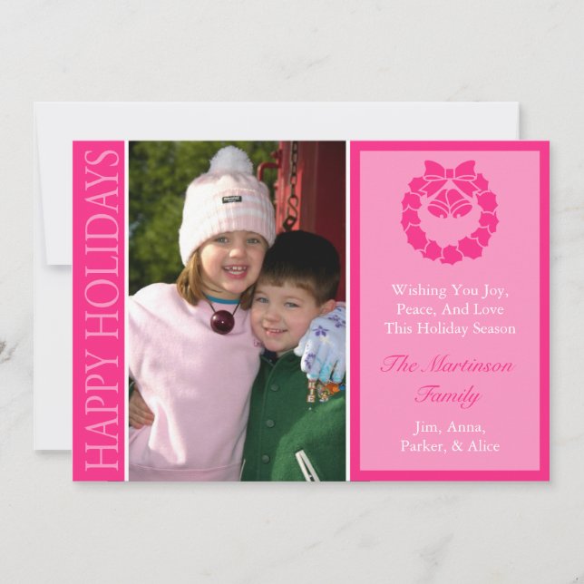 Traditional Happy Holidays Wreath Card (Hot Pink) (Front)