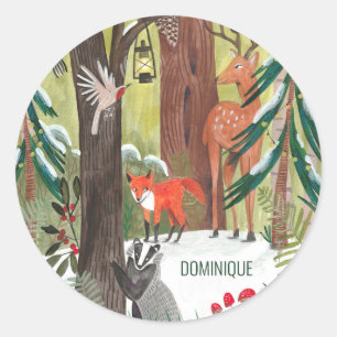 Traditional holiday festive woodland custom name c classic round sticker