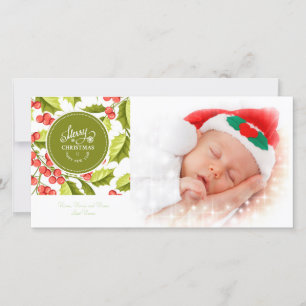 Traditional Holly Design Merry Christmas Photo Holiday Card