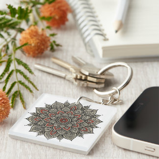 Traditional Indian Mandala Art in Black and Red  Keychain