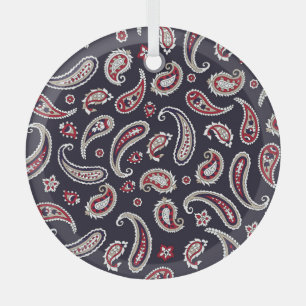 Traditional Indian paisley, navy pattern. Glass Ornament