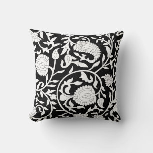 Traditional indian paisley pattern on black and wh throw pillow