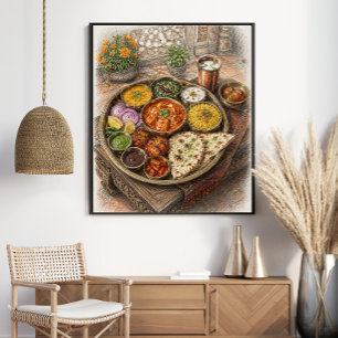 Traditional Indian Thali Feast Coloured Sketch Poster