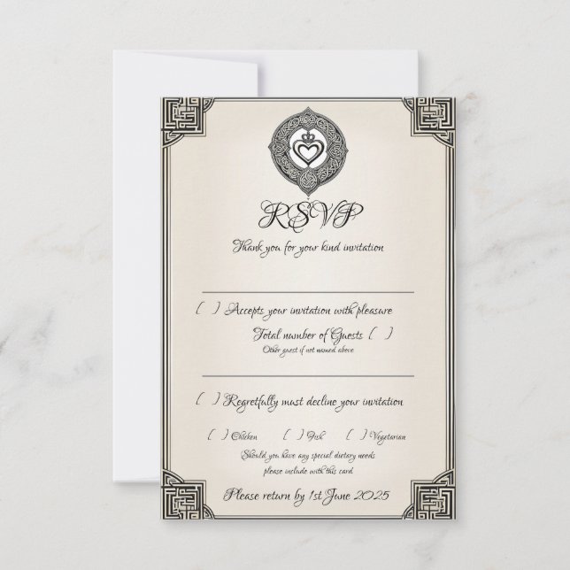 Traditional Irish Celtic Knot & Claddagh Ring RSVP Card (Front)