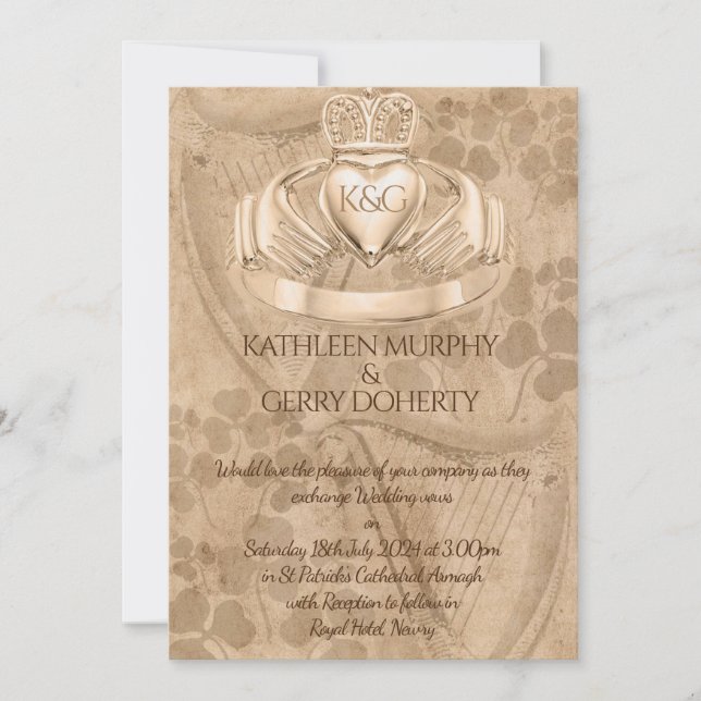 Traditional Irish Claddagh Ring, Shamrock & Harp Invitation (Front)