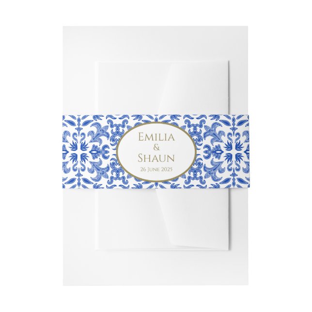 Traditional Italian Blue Patterned Invitation Belly Band (Front Example)