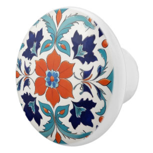 Traditional Iznik Turkish Classic Floral Red Blue Ceramic Knob