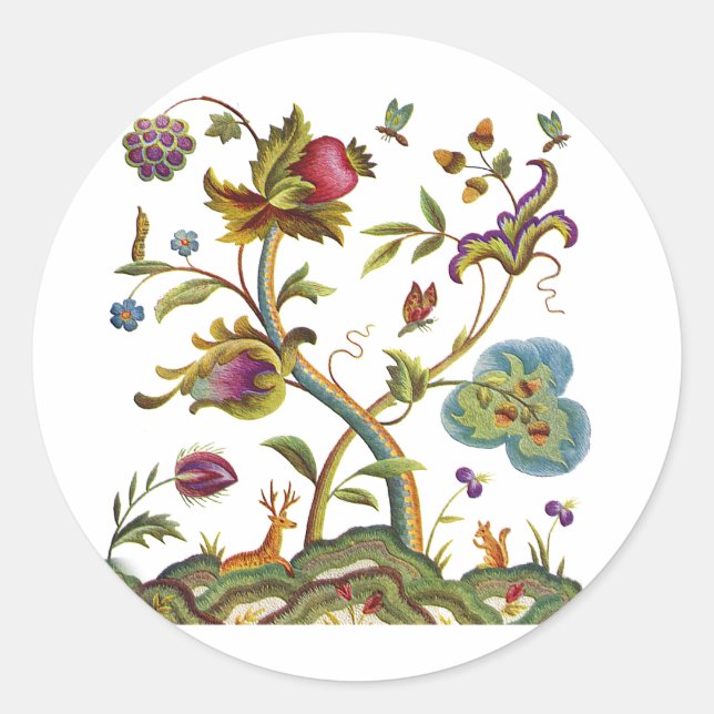 Traditional Jacobean Deerwood Embroidery Classic Round Sticker (Front)