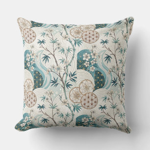 Traditional Japanese Bamboo Blossom Floral Pattern Throw Pillow