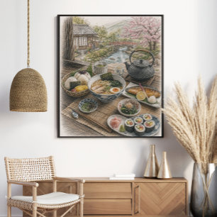 Traditional Japanese Breakfast by a Garden Poster