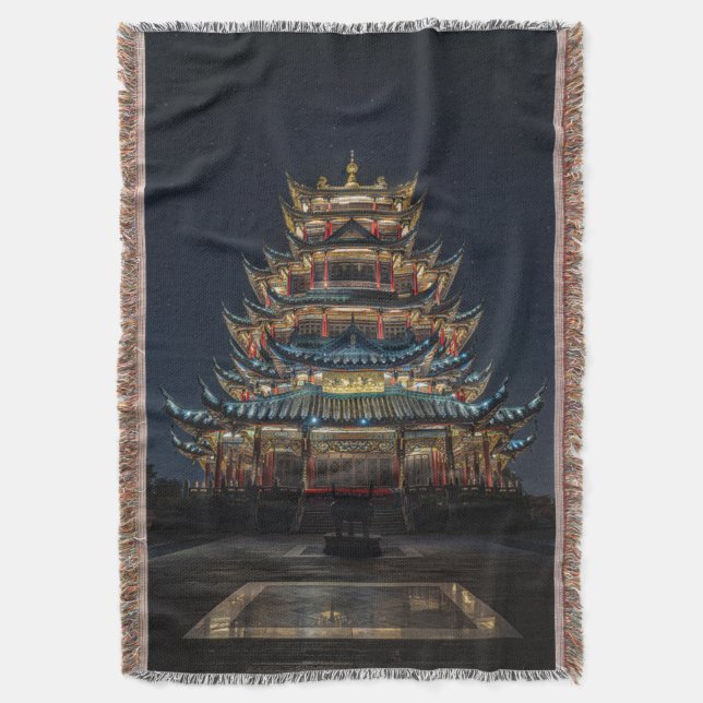 Traditional Japanese Building Lights up Night Sky Throw Blanket (Front Vertical)
