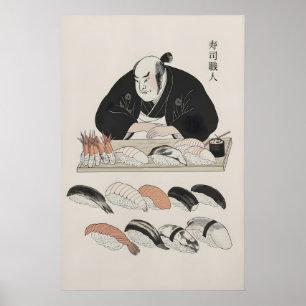 Traditional Japanese Chef & Assorted Sushi Art Poster