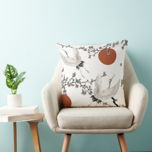 Traditional Japanese crane with plum blossom Throw Pillow