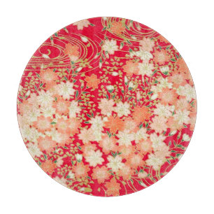 Traditional Japanese Floral Sakura Red Gold Glass Cutting Board