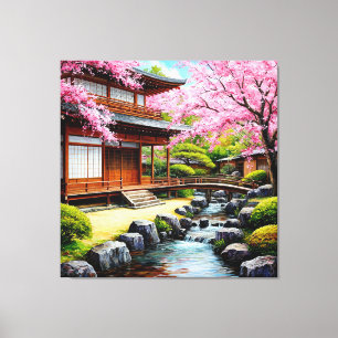 Traditional Japanese Garden With Cherry Blossoms Canvas Print