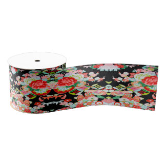 Traditional Japanese Kimono Floral Black Red Grosgrain Ribbon